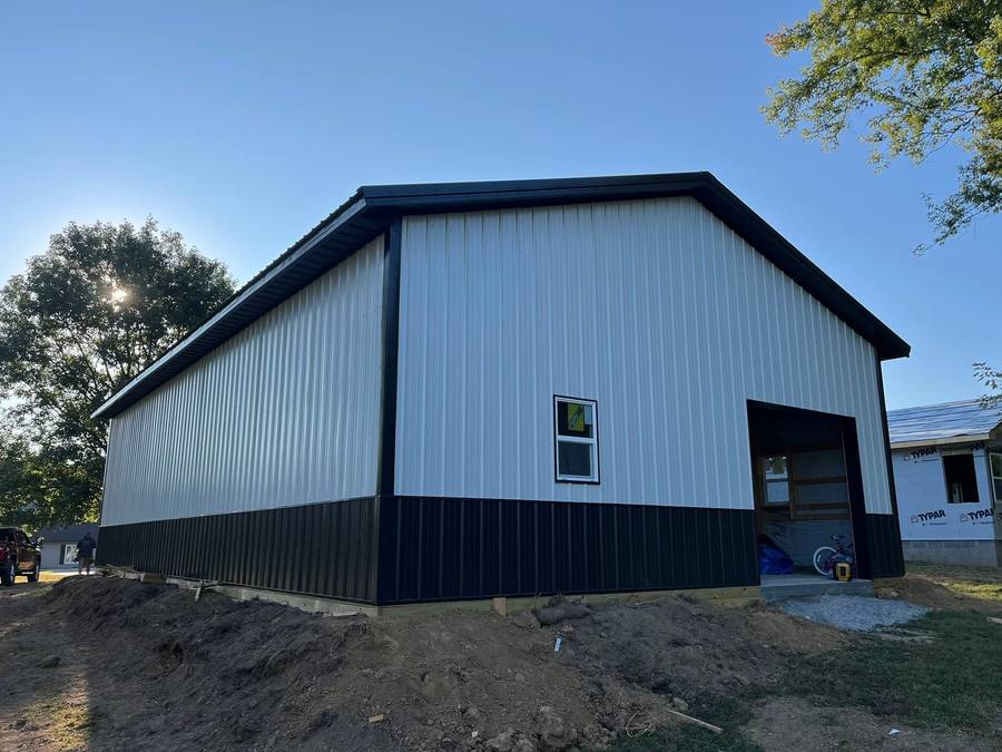 Finished pole barn with black trim